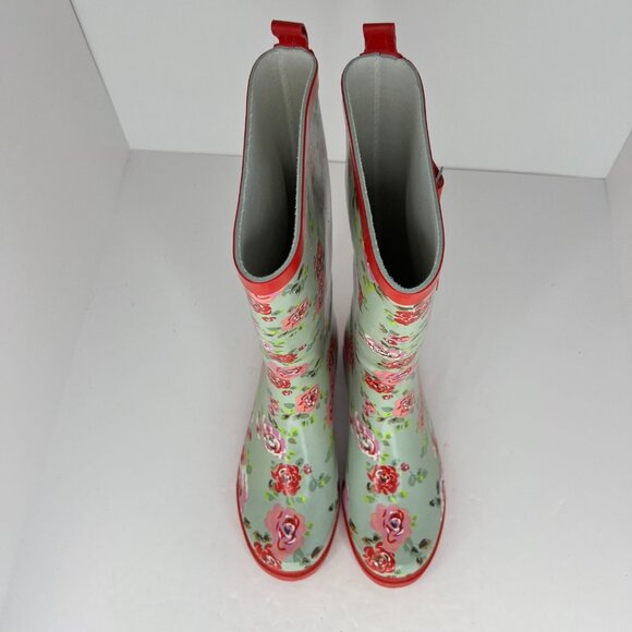 Womens Green Waterproof Garden Strap Floral Mid Calf Slip On Size 6 Rain Boots - Picture 4 of 9